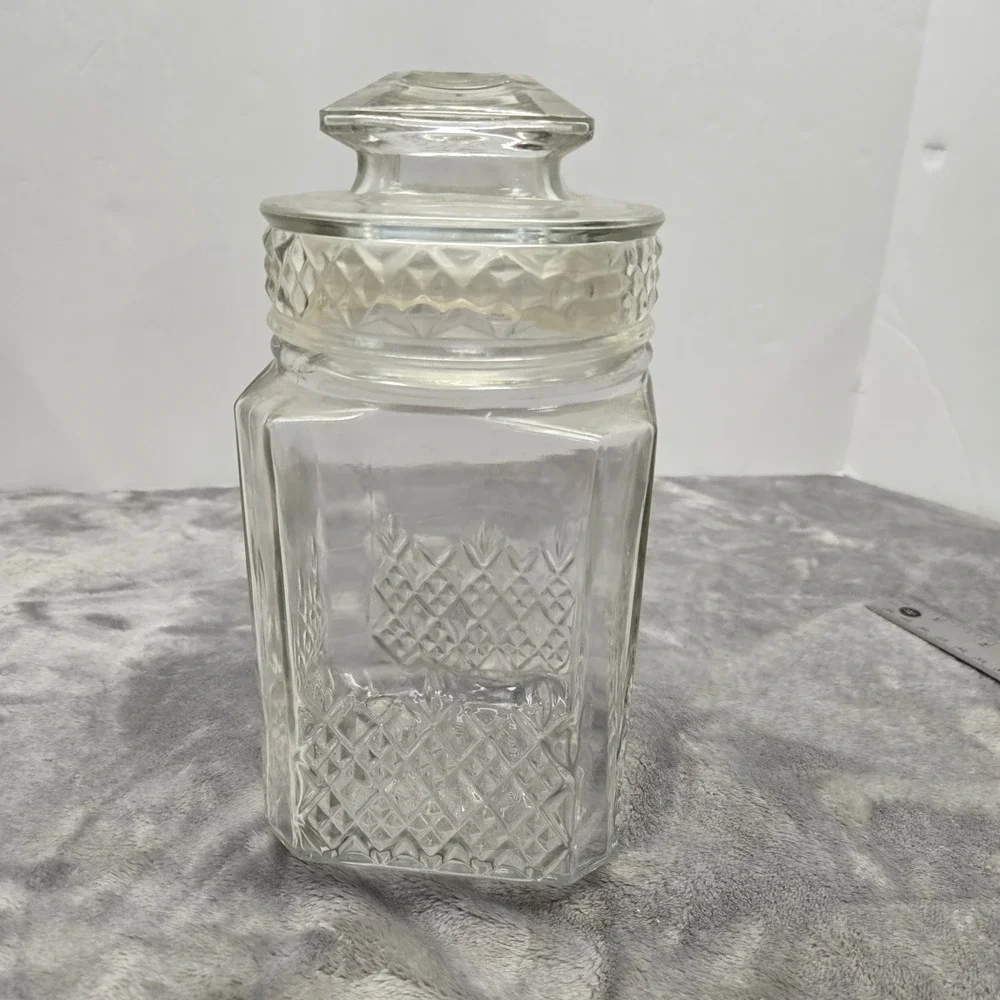 Vintage Koeze's Glass Apothecary Jar Clear Diamond Pattern Canister with Lid 8in
